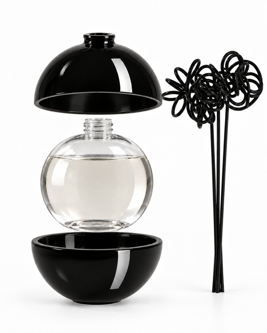 Black Flower Sfera, esploso delle due calotte in ceramica e del flacone interno in PET
