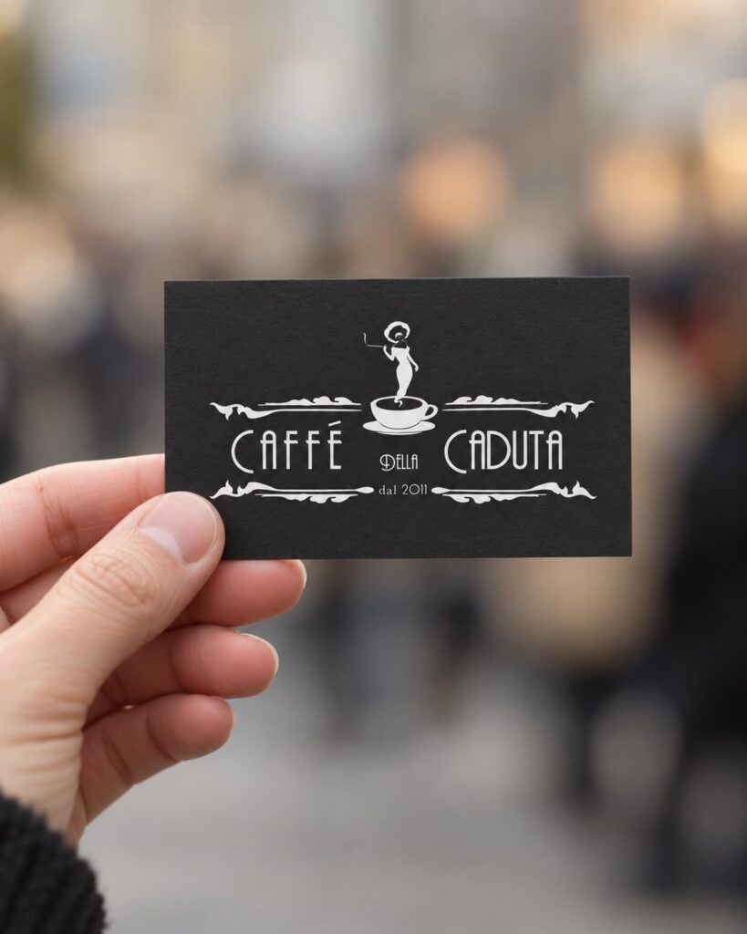 Mockup del biglietto Caffè della Caduta tenuto in mano, con logo bianco su cartoncino scuro