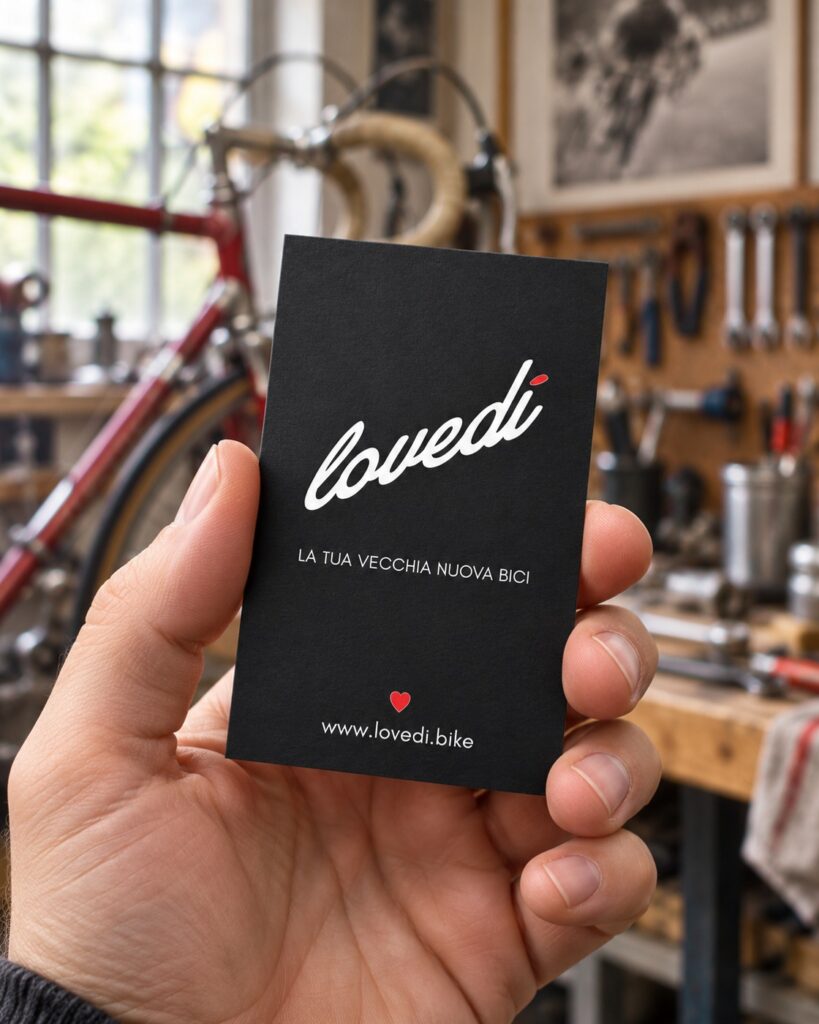 Mockup del biglietto Lovedì Bike tenuto in mano, con officina di biciclette sfocata sullo sfondo