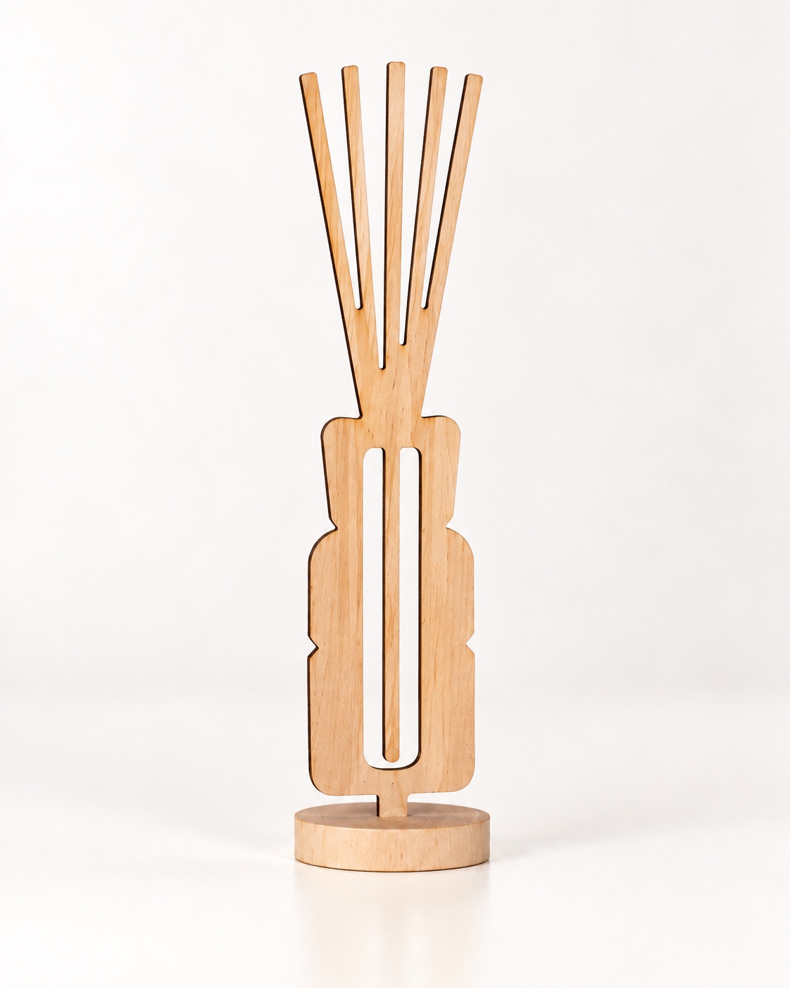 Wood Travel senza fiala: sagoma in legno tagliato al laser con linguetta centrale e base circolare