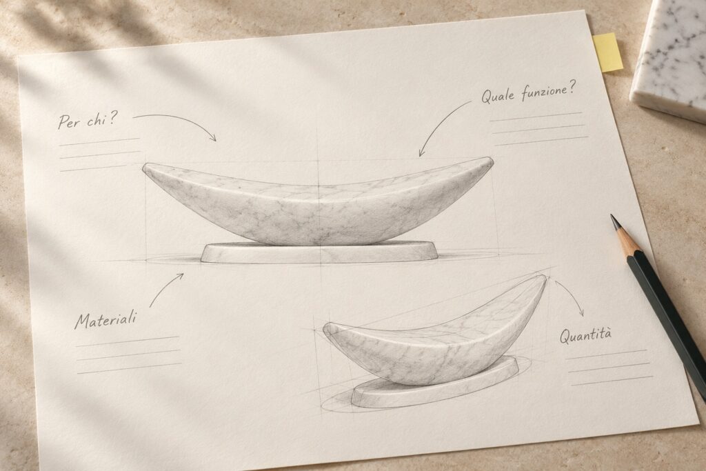 Schizzi illustrativi di Tritatauro con domande per preparare un brief di prodotto