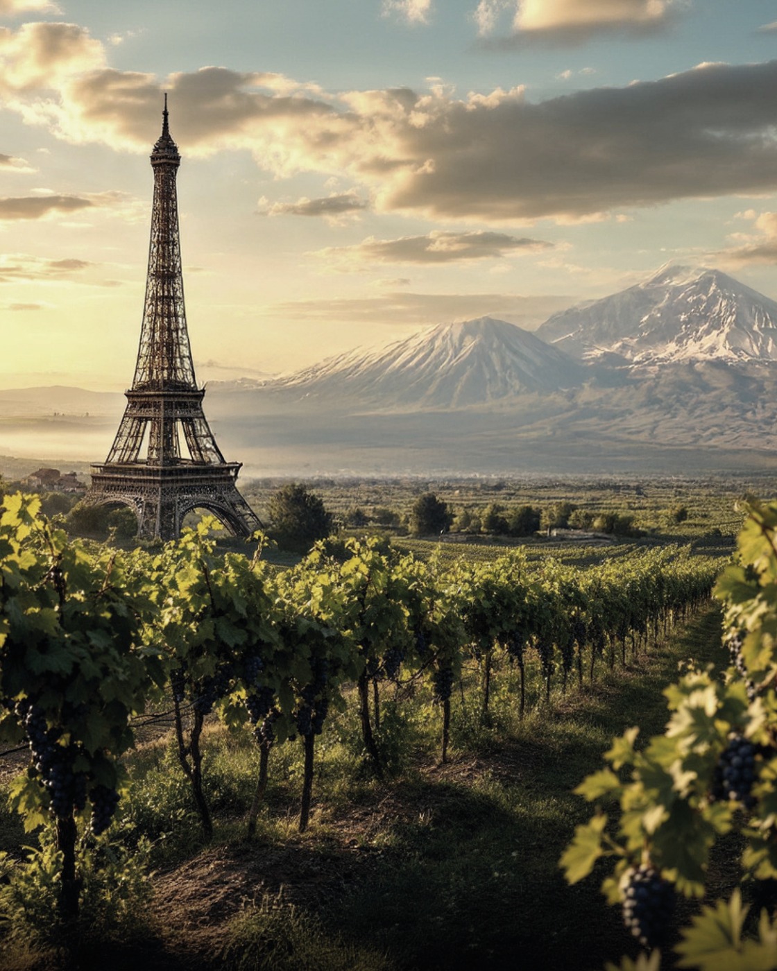 Delice Wine, composizione visiva con la Torre Eiffel tra vigneti e montagne