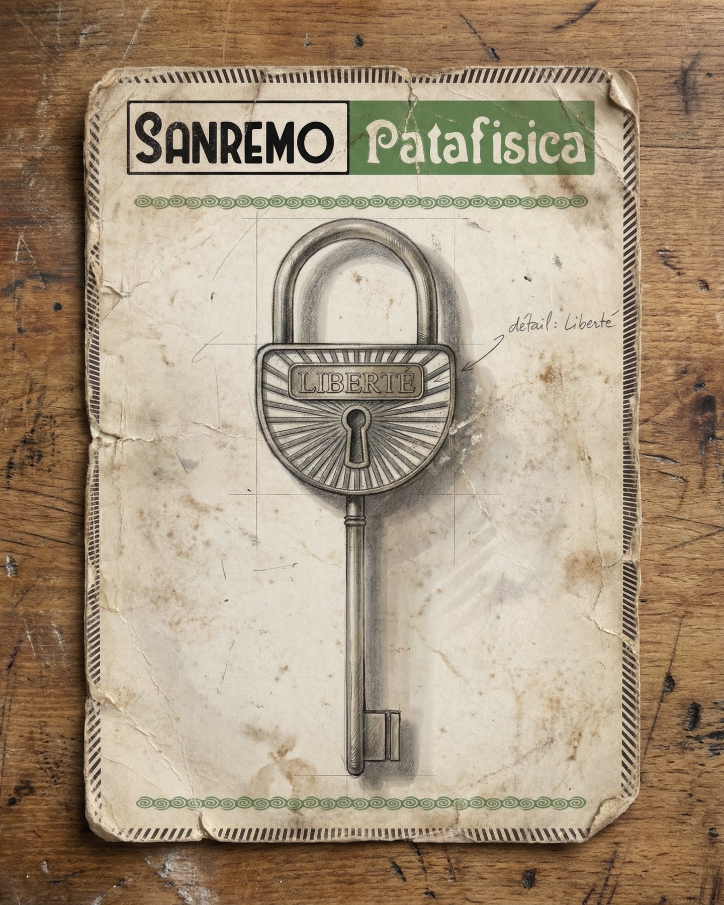 Grafica Il paradosso della libertà per Sanremo Patafisica, lucchetto e chiave su una pagina illustrata