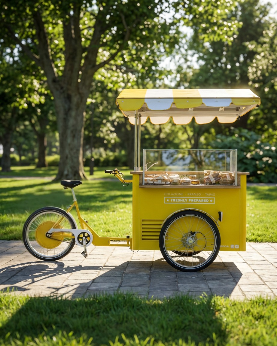 Cargo bike Bargo in vista laterale, con banco vetrina e copertura gialla e bianca