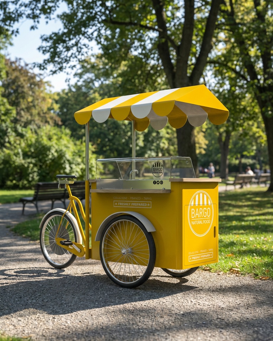 Bargo Natural Food: vista di tre quarti del banco vetrina sulla cargo bike
