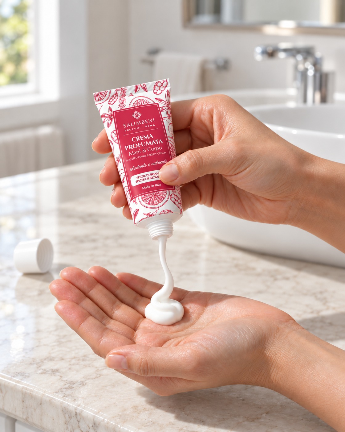 Mani femminili dosano la crema Salimbeni Mani & Corpo in un bagno, con il tappo svitato sul piano